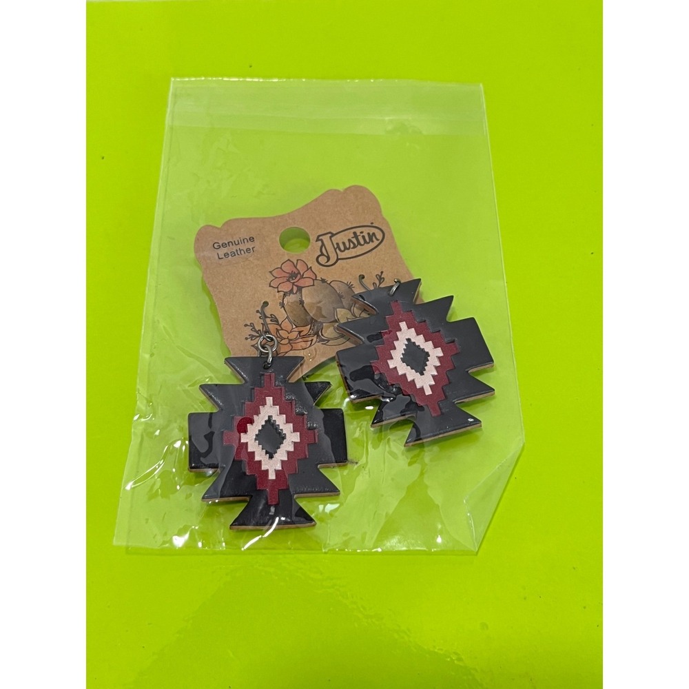 Justin Boots Genuine Leather Southwestern Geometric Cross Earrings Black Red NEW